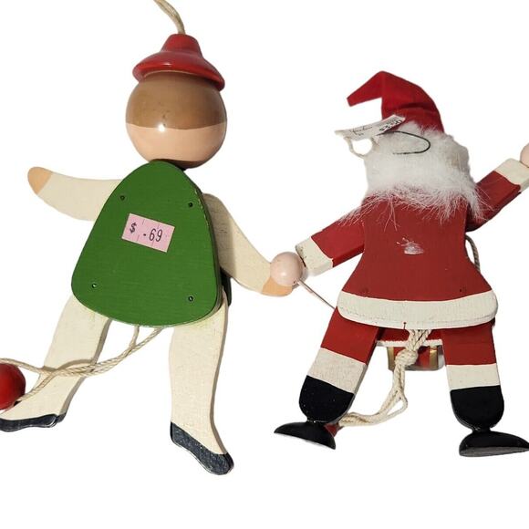 VTG SANTA CLAUS & GERMAN GIRL CHRISTMAS ORNAMENTS HAND PAINTED PULL STRING WOOD - Picture 2 of 5